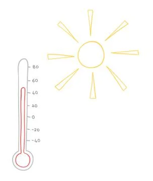 Vector hand-drawn illustration of hot weather, sun and thermometer. Stock-Illustration