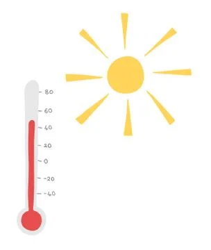 Vector hand-drawn illustration of hot weather, sun and thermometer. Stock Illustration