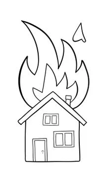 Vector hand-drawn illustration of house fire, detached house on fire. Stock Illustration