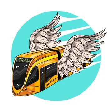 Vector hand drawn illustration of modern tram car with wings. Concept of fast Stock Illustration