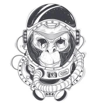 Vector hand drawn illustration of a monkey astronaut, chimpanzee in a space suit Illustrazione stock