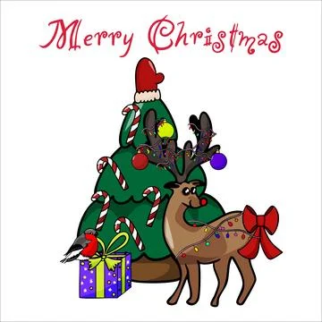 Vector hand drawn illustration of a New Year s deer with a red nose and red b Stock Illustration