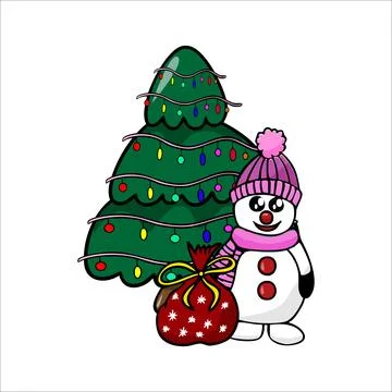 Vector hand-drawn illustration of a New Year s snowman standing next to a Chr Stock Illustration