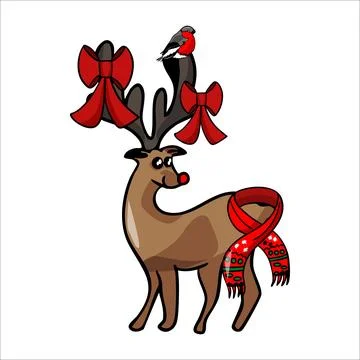 Vector hand drawn illustration of a New Year s deer with a red nose and red.. Stock Illustration
