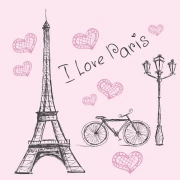 Vector hand drawn illustration with Paris symbols. Stock Illustration