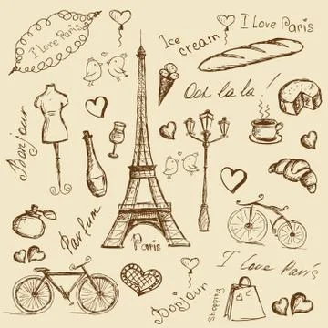 Vector hand drawn illustration with Paris symbols. Stock Illustration