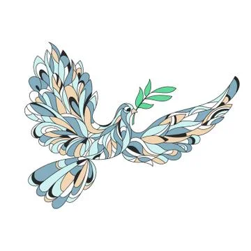 Vector hand drawn illustration of peace dove with olive branch. High details  Illustrazione stock