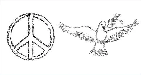 Vector hand drawn illustration peace icon and pigeon Stock Illustration