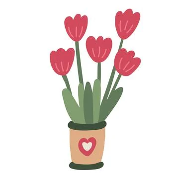 Vector hand drawn illustration of red tulips in a small pot Stock Illustration