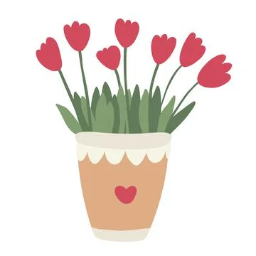 Vector hand drawn illustration of red tulips in a pot Stock Illustration