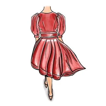 Vector hand drawn illustration of a red female delicate dress with a flying s Stock Illustration