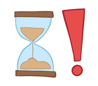 Vector hand-drawn illustration of sand watch with exclamation mark. Stock Illustration