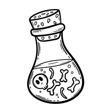 Vector hand drawn illustration. A skull and bones in a flask with poison Stock Illustration