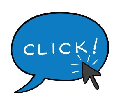 Vector hand-drawn illustration of speech bubble with click word and mouse cur 스톡 일러스트