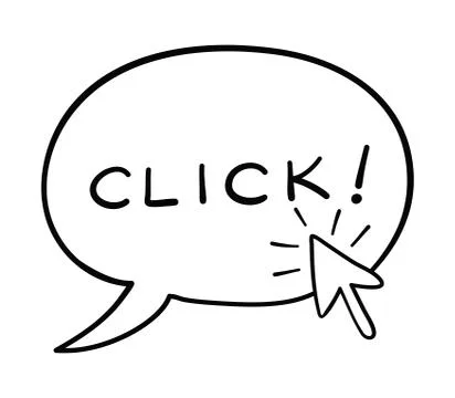 Vector hand-drawn illustration of speech bubble with click word and mouse cur 스톡 일러스트