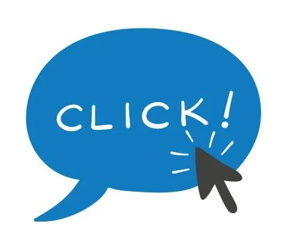 Vector hand-drawn illustration of speech bubble with click word and mouse cur 스톡 일러스트