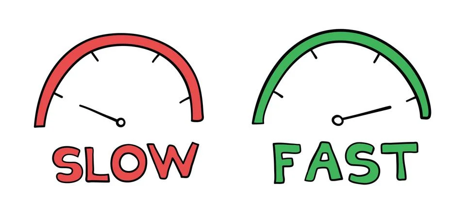 Vector hand-drawn illustration of speedometers. Slow and fast. Stock Illustration