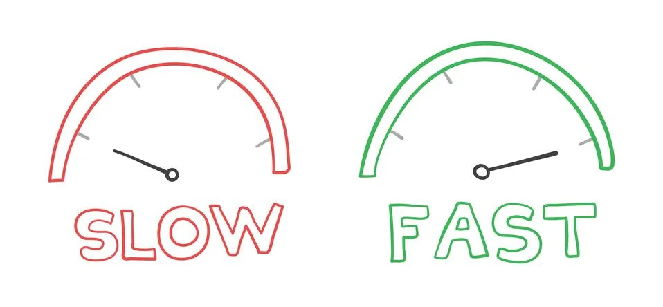 Vector hand-drawn illustration of speedometers. Slow and fast. 库存插图