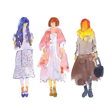 Vector. Hand-drawn illustration: stylized people. Watercolor sketches. Three Stock Illustration