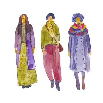 Vector. Hand-drawn illustration: stylized people. Watercolor sketches. Three Stock Illustration