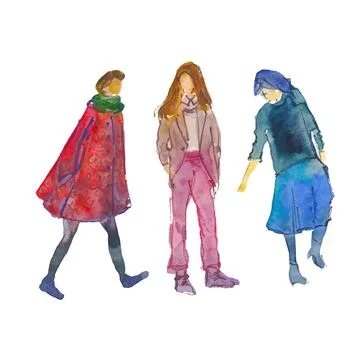 Vector. Hand-drawn illustration: stylized people. Watercolor sketches. Three Stock Illustration