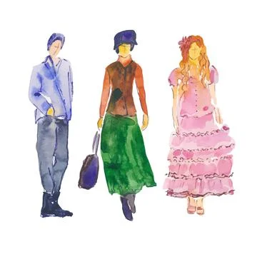 Vector. Hand-drawn illustration: stylized people. Watercolor sketches. Three Stock-Illustration