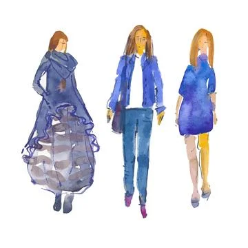 Vector. Hand-drawn illustration: stylized people. Watercolor sketches. Three Stock Illustration