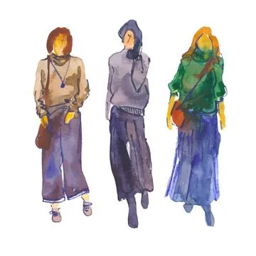 Vector. Hand-drawn illustration: stylized people. Watercolor sketches. Three Stock Illustration