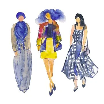 Vector. Hand-drawn illustration: stylized people. Watercolor sketches. Three Stock Illustration