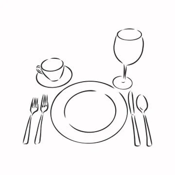 Vector hand drawn illustration with Table setting set. Sketch. Vintage illust Illustrazione stock