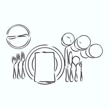 Vector hand drawn illustration with Table setting set. Sketch. Vintage illust Illustrazione stock