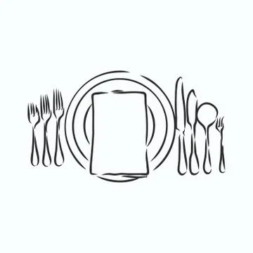 Vector hand drawn illustration with Table setting set. Sketch. Vintage illust Illustrazione stock