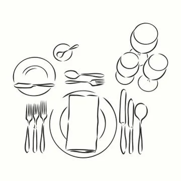 Vector hand drawn illustration with Table setting set. Sketch. Vintage illust Stock Illustration