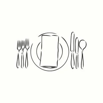Vector hand drawn illustration with Table setting set. Sketch. Vintage illust Illustrazione stock