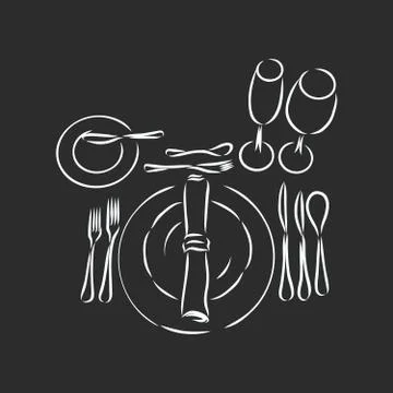 Vector hand drawn illustration with Table setting set. Sketch. Vintage illust Illustrazione stock