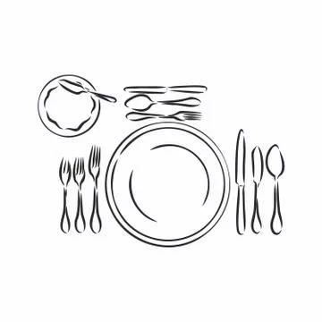 Vector hand drawn illustration with Table setting set. Sketch. Vintage illust Illustrazione stock
