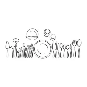 Vector hand drawn illustration with Table setting set. Sketch. Vintage illust Stock Illustration