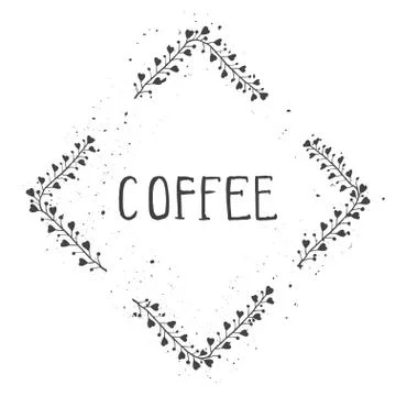 Vector hand drawn illustration of text COFFEE and floral rhomboid frame. Stock Illustration