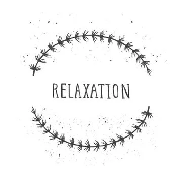 Vector hand drawn illustration of text RELAXATION and floral round frame. Stock Illustration