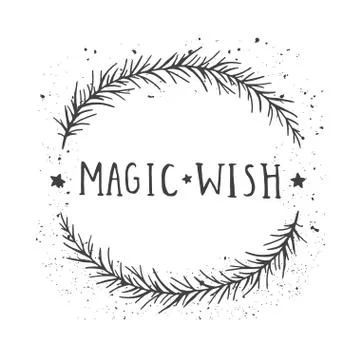 Vector hand drawn illustration of text MAGIC WISH and floral round frame Stock Illustration