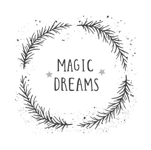 Vector hand drawn illustration of text MAGIC DREAMS and floral round frame wi Stock Illustration
