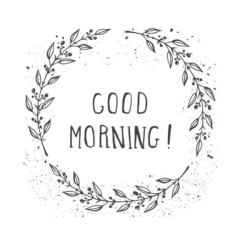 Vector hand drawn illustration of text GOOD MORNING! And floral round frame w Stock Illustration