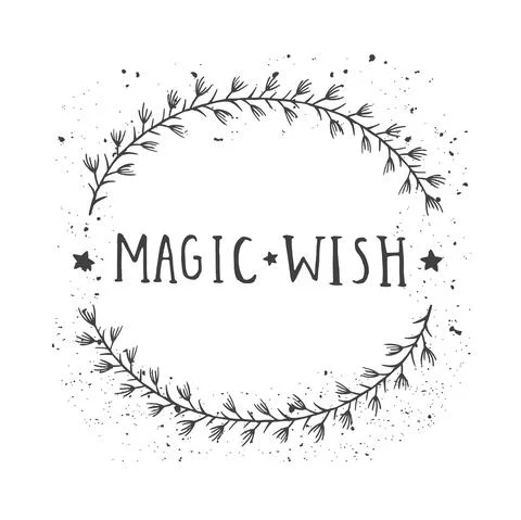Vector hand drawn illustration of text MAGIC WISH and floral round frame with Stock Illustration