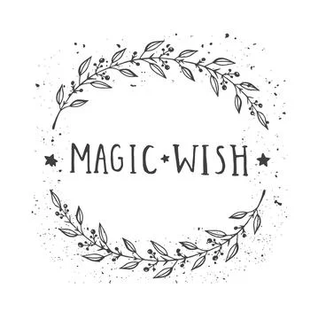 Vector hand drawn illustration of text MAGIC WISH and floral round frame with 스톡 일러스트