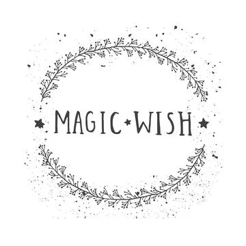 Vector hand drawn illustration of text MAGIC WISH and floral round frame with 스톡 일러스트