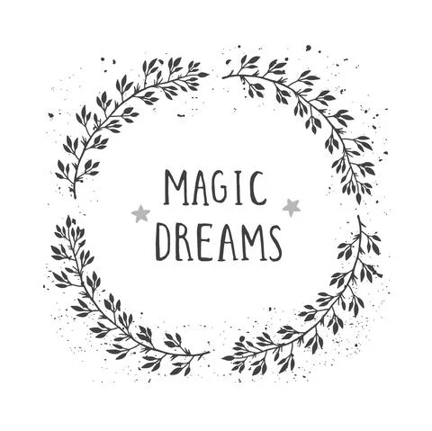 Vector hand drawn illustration of text MAGIC DREAMS and floral round frame wi Stock Illustration