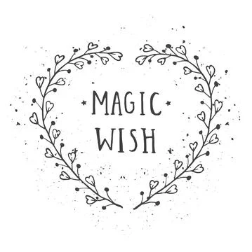 Vector hand drawn illustration of text MAGIC WISH and floral frame with grung Stock Illustration