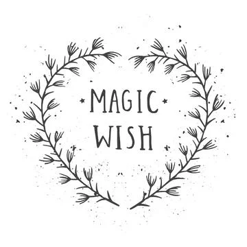 Vector hand drawn illustration of text MAGIC WISH and floral frame with grung Stock Illustration