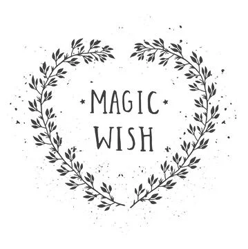 Vector hand drawn illustration of text MAGIC WISH and floral frame with grung Illustrazione stock