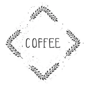 Vector hand drawn illustration of text COFFEE and floral rhomboid frame with  Illustrazione stock